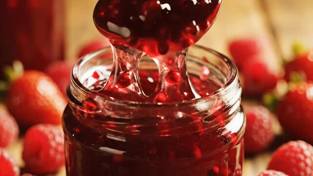 A glass jar with homemade raspberry jam, a spoon slowly sinks and rises, a viscous texture in the macro, surrounded by fresh berries
