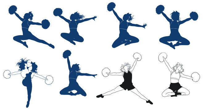 Cheerleaders in various poses performing.