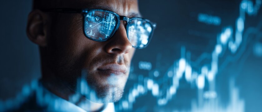 Innovating economy with virtual intelligence and technology growth. Modern style. Tech visionary with virtual agi and brightening market graphs. Blank background. Visual balance.