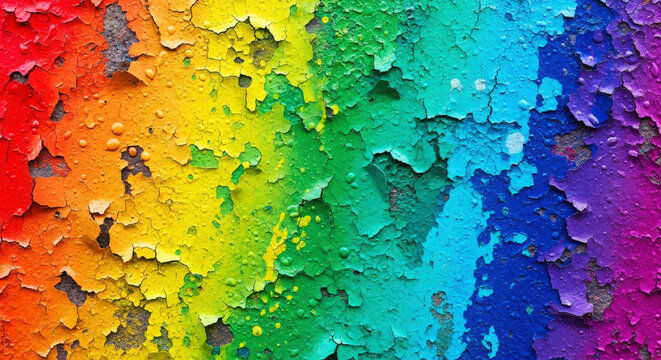 Vibrant rainbow-colored peeling paint on a textured wall background
