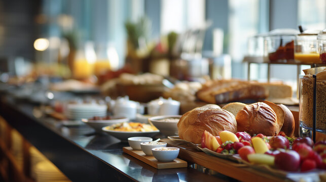 Hotel breakfast buffet with bread, fruits and pastries. Hospitality and dining concept.