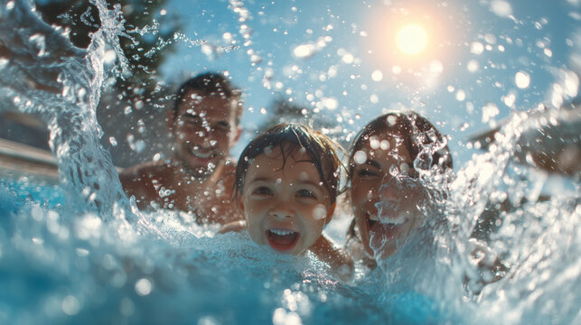 Happy family playing in swimming pool with water splashes. Summer vacation and joyful lifestyle concept.