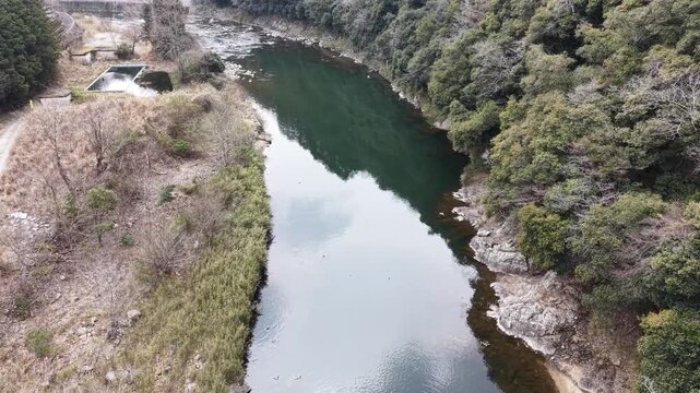 Aerial drone flying forward over forest river, low altitude cinematic nature 30s 4K