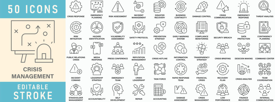 Crisis Management line icon collection, Editable stroke. Vector illustration.
