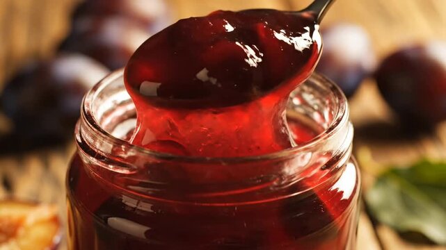 A glass jar with homemade plum jam, a spoon slowly sinks and rises, a viscous texture in the macro, fresh plums around