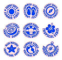 Retro Summer Beach Rounded Sticker Pack with Flip Flops, Compass, Rescue Ring, Citrus, Hibiscus, Starfish, Volleyball, Vintage Bold Tropical Vector Flat Illustrations Set for t-shirt prints, beachwear © Chinthaka Gunaratne