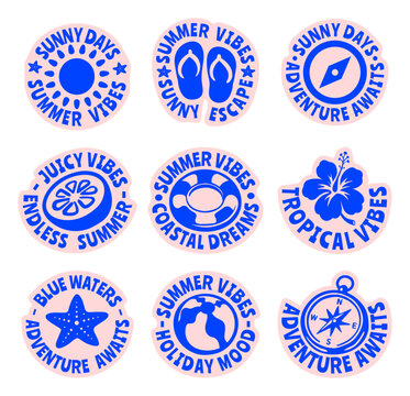 Retro Summer Beach Rounded Sticker Pack with Flip Flops, Compass, Rescue Ring, Citrus, Hibiscus, Starfish, Volleyball, Vintage Bold Tropical Vector Flat Illustrations Set for t-shirt prints, beachwear