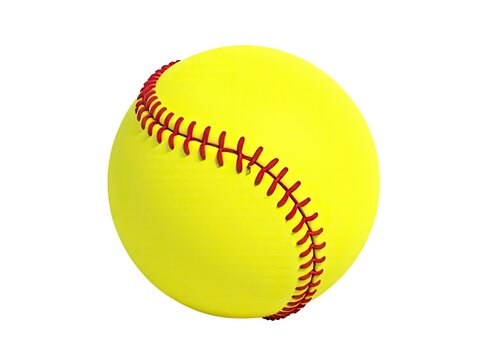 A close-up shot of a bright yellow softball sitting on a white background