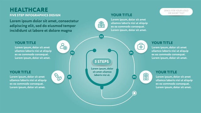 Medical business presentation slide template with stethoscope circular 5 steps checklist - modern minimalist design with line icons in flat style