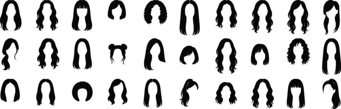 Women Hairstyle Silhouette Collection with  Different Long and Medium Hair Designs Black Icons