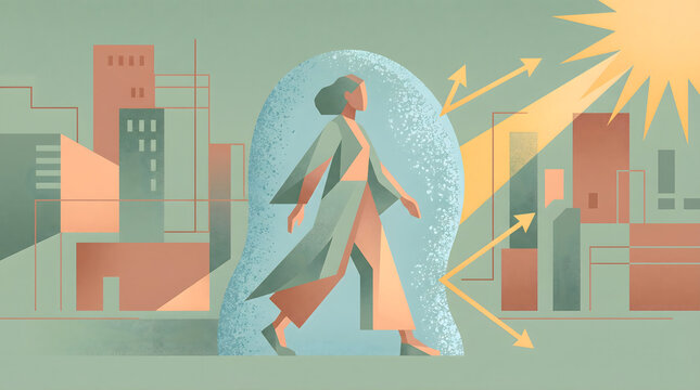 Modern flat illustration of a woman walking through a city protected by a UV shield. Concept of sun protection, urban skin care, and blocking ultraviolet rays in a textured grain style.