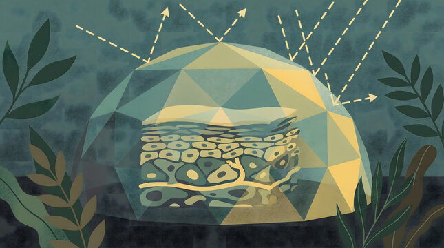 Scientific illustration of a geometric UV shield protecting skin cells from ultraviolet rays. Concept of SPF technology, sun protection barrier, and dermatological defense in a textured grain style.