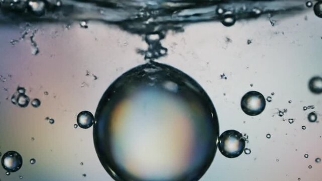Close-up macro shot of air bubbles in water with iridescent colors