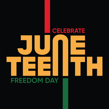 Juneteenth Typography Design on Black Background. Red, yellow and green color text banner design to celebrate Juneteenth Freedom Day on June 19th.