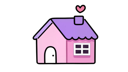 Fototapeta premium Cute pink house with purple roof arched doorway square window and small chimney topped with a red heart, isolated on transparent background for design