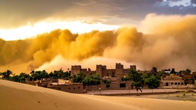 Desert village under a sandstorm, with dunes and ancient architecture
