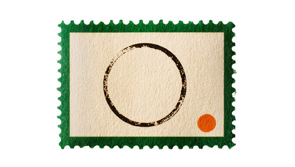 Obraz premium Vintage rectangular postage stamp with textured beige paper featuring a dark circle and small orange dot, isolated on transparent background for design elements