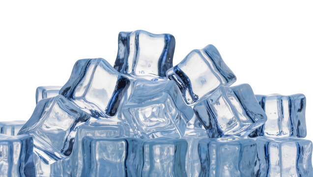 Large pile of irregularly shaped clear blue ice cubes glistening with moisture, isolated on transparent background for beverage advertising