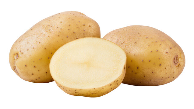 Three raw russet potatoes one halved to reveal creamy flesh, isolated on transparent background for culinary recipe designs and food advertising