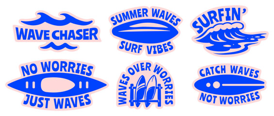 Vintage Summer Surf Vibes Sticker Pack With Surfboards and Waves, Retro Bold Tropical Vector Flat Illustrations Set for t-shirt prints, beachwear design, summer logo, and coastal branding © Whiskerz