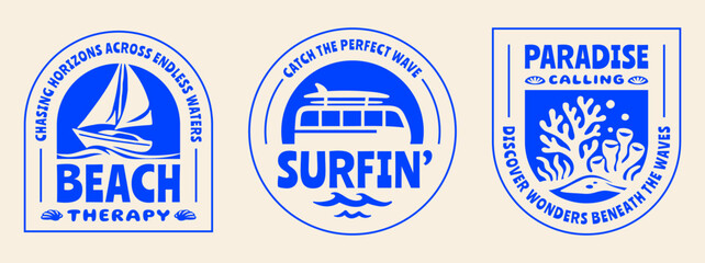 Retro Surf Club Logo Badge Set, Tropical Summer Beach Flat Vector Illustrations for Apparel, T-Shirt Prints, Posters, Travel and Vacation Designs © Whiskerz
