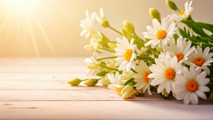 White Daisy Flowers Bouquet on Soft Warm Background © Garadel