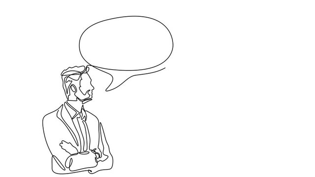 Animated self drawing of continuous line draw two businessman with speech bubble . Full length one line animation. 4K