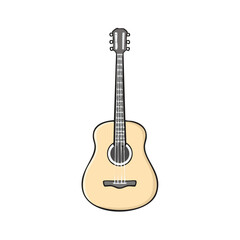 Obraz premium Acoustic guitar with six strings and a natural wood finish, isolated on a white background