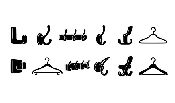 Black coat hook and hanger silhouette collection with wall rack icons isolated on white background