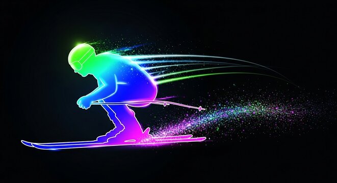freestyle skiing banner. freestyle skiing dynamic wallpaper,Digital illustration of a skier in a crouched racing tuck position, depicted as a glowing multicolored silhouette with a trail of sparkling 