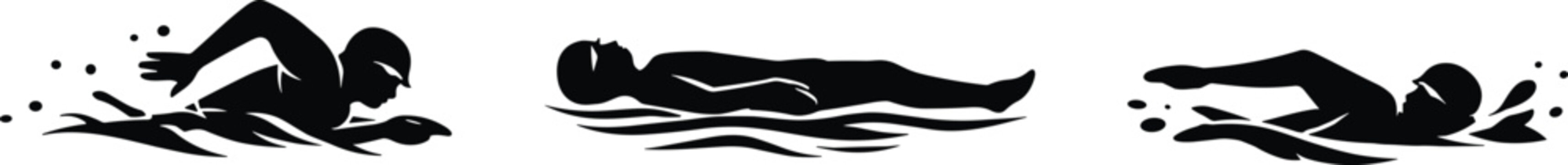 Set of swimming silhouettes showing freestyle backstroke and butterfly styles isolated on white background aquatic sport training fitness and competition concept illustration collection