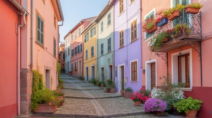 Fototapeta premium Colorful houses with flowers pots in a picturesque cobbled street in the old medieval village of Bosa, Sardinia island, Italy.