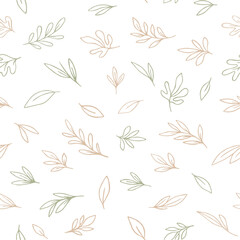 Fototapeta premium Hand drawn leaf seamless pattern minimalist botanical outline nature background soft pastel colors green beige floral design