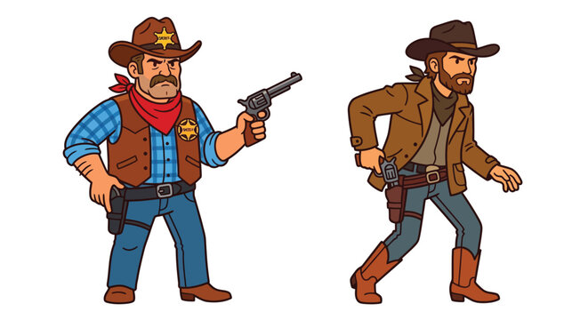 Two cartoon cowboys a sheriff and an outlaw facing each other