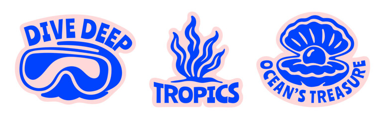 Retro Summer Beach Sticker Pack with Snorkel Mask, Seaweed, Pearl, Vintage Bold Tropical Vector Flat Illustrations Set for t-shirt prints, beachwear design, summer logo, and coastal branding © Whiskerz
