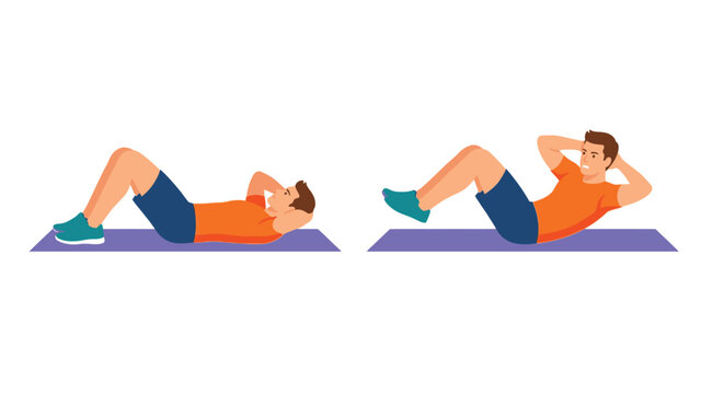 Man demonstrating proper form for abdominal crunches on a yoga mat