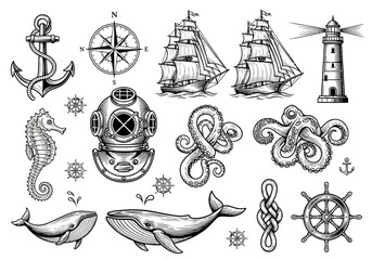 Vintage Nautical Maritime Illustration Collection: Anchor, Sailing Ships, Whale, Lighthouse, Octopus, and Diver Helmet in Engraving Style © sasa