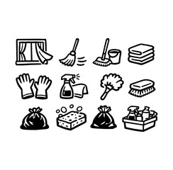 Fototapeta premium Spring cleaning icon set. broom, mop, sponge, gloves, dustpan, trash bag, spray bottle, folded towels. line and flat vector illustration.