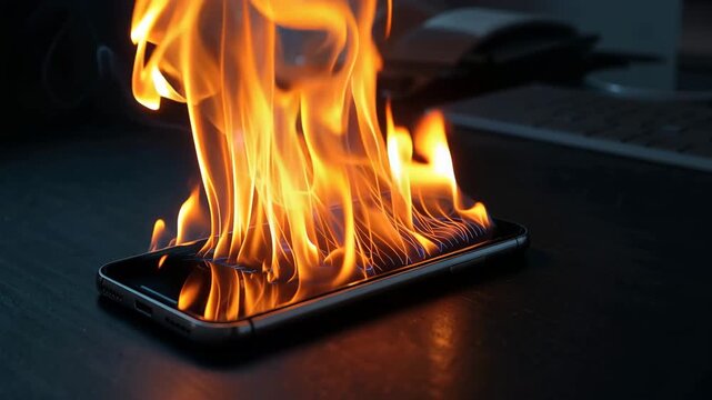 机上のスマホ画面から炎が噴き上がるネット炎上の比喩表現