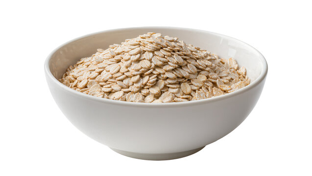 Large ceramic bowl brimming with raw whole oat groats exhibiting natural textures and subtle variations, isolated on transparent background for healthy eating concepts