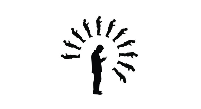 man surrounded by multiple selves, representing identity and social media