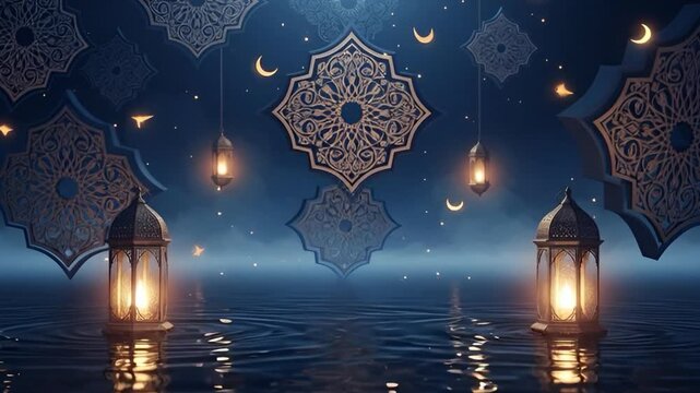 Dreamlike Ramadan ornamental scene with floating arabesque layers, radiant lantern illumination, soft atmospheric haze