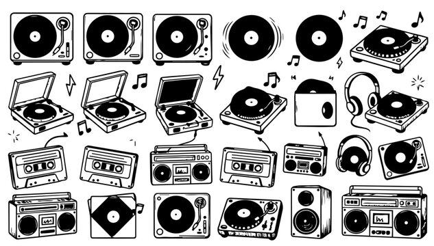 Hand drawn doodle DJ and retro music elements set, fun sketchy ink pen music icons with clean black outlines, expressive vector collection, isolated on white background