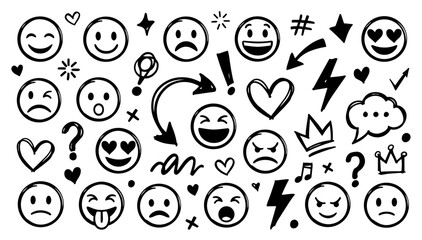 Hand drawn doodle emojis, reactions, and expressive symbols set, fun sketchy ink pen elements, playful vector collection, isolated on white background © Creative Lab