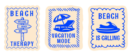 Retro Summer Beach Postcard Sticker Set with Beach Sign, Jet Ski, Sun Lounger, Vintage Hand Drawn Travel Postage Stamp Signs Flat Vector Illustration for T-Shirt Prints, Poster, Sticker, Travel Design © Whiskerz