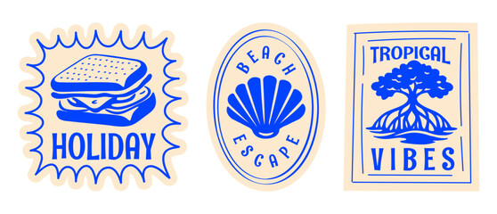 Retro Summer Beach Postcard Sticker Set with Sandwich, Seashell, Mangrove, Vintage Hand Drawn Travel Postage Stamp Signs Flat Vector Illustration for T-Shirt Prints, Poster, Sticker, Coastal Design © Whiskerz