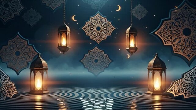 Dreamlike Ramadan ornamental scene with floating arabesque layers, radiant lantern illumination, soft atmospheric haze