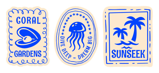 Retro Summer Beach Postcard Sticker Set with Pearl, Jellyfish, Palm Tree, Vintage Hand Drawn Travel Postage Stamp Signs Flat Vector Illustration for T-Shirt Prints, Poster, Sticker, Travel Design © Whiskerz