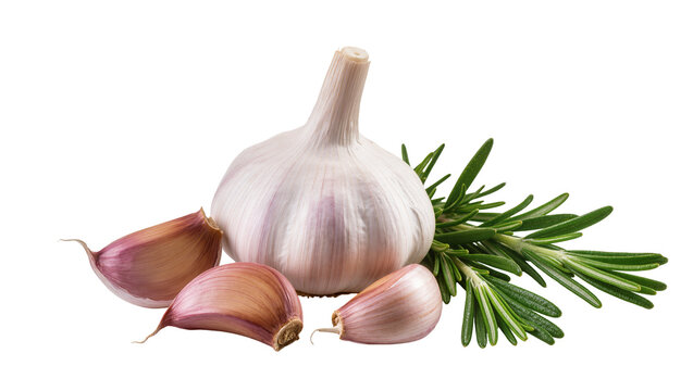 Large bulbous garlic head with two smaller cloves and a sprig of fresh rosemary, isolated on transparent background for culinary designs