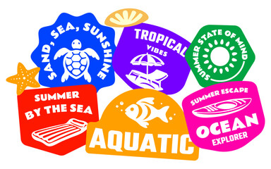 Bold Summer Beach Sticker pack with Beach Umbrella, Sea Turtle, Kayak, pool float, fish, sun, Colorful Flat Vector Badge Illustrations for T-Shirt Prints, Posters, Logos, Banners © Chinthaka Gunaratne